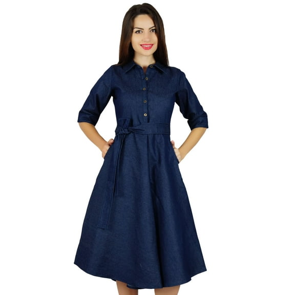 Bimba Womens Blue Denim Shirt Dress With Pockets 3/4 Sleeve Casual Midi Dresses