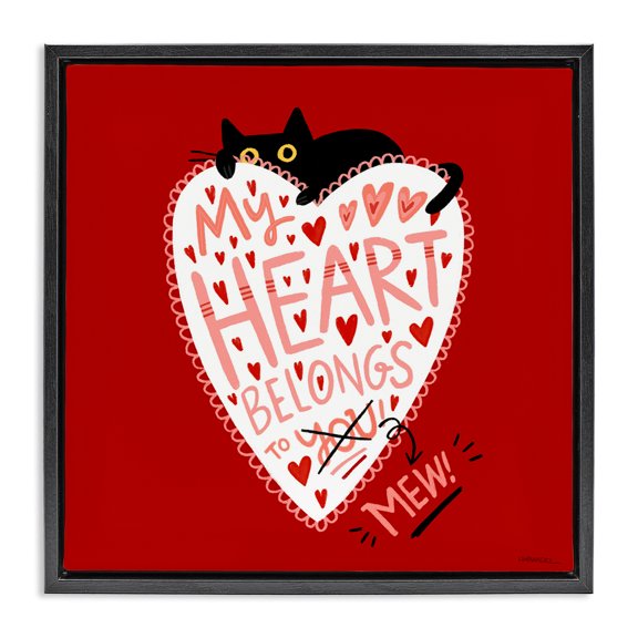 Stupell Industries Heart Belongs To Mew Animals Painting Black Floater Framed Canvas Art Print Wall Art, 18 x 18