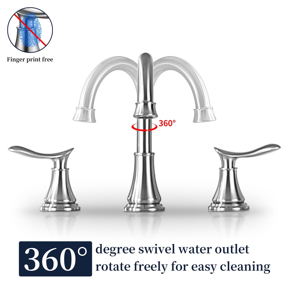 Tcbosik 8 inch Brushed Nickel Bathroom Sink Faucet, 3 Hole 360° Swivel Spout Vanity Sink Basin Faucet, 2-Handle Lavatory Faucet with Pop Up Drain Assembly and Water Supply Hoses