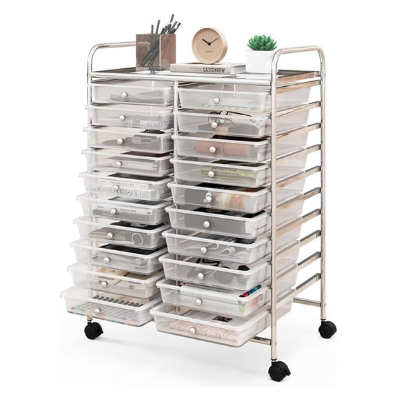 20 Drawer Rolling Storage Cart, Mobile Rolling Cart w/Drawers for School Classroom Teacher Office Home Salon, Paper File Art Supply Organizer, Utility Cart on Wheels (Clear)