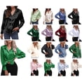 thumbnail image 2 of Camisas de manga larga para mujer, blusas de satén con botones, camisas casuales de oficina de negocios, cuello de solapa, blusas de seda con bolsillo, 2 of 5