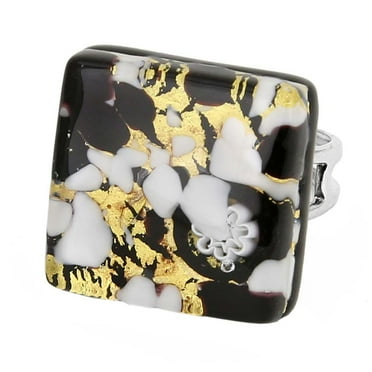 GlassOfVenice Murano Glass Venetian Reflections Square Adjustable Ring - Black Gold
