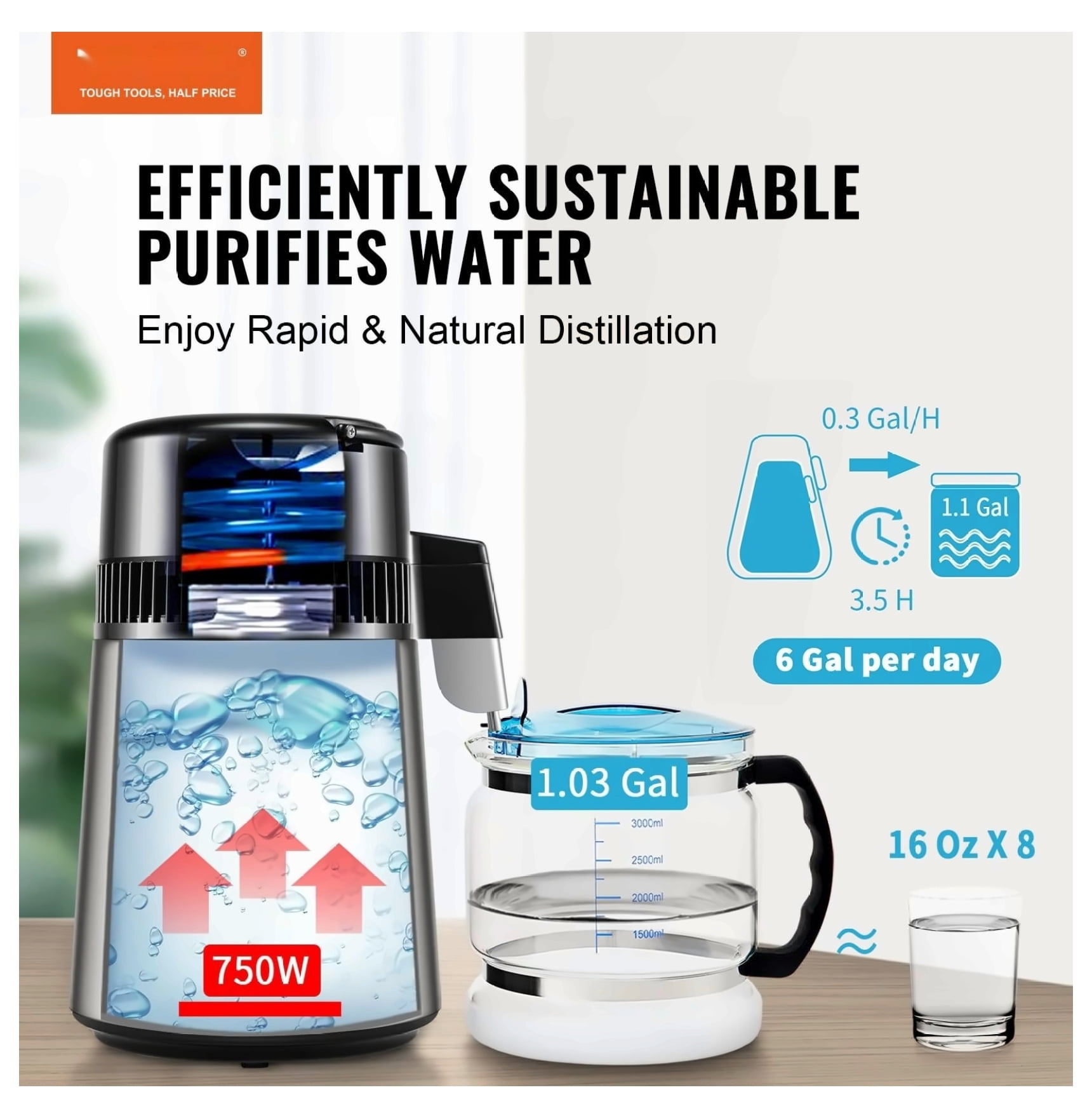 Water Distiller 4L, 750W Stainless Steel Water Purifier for Home Countertop
