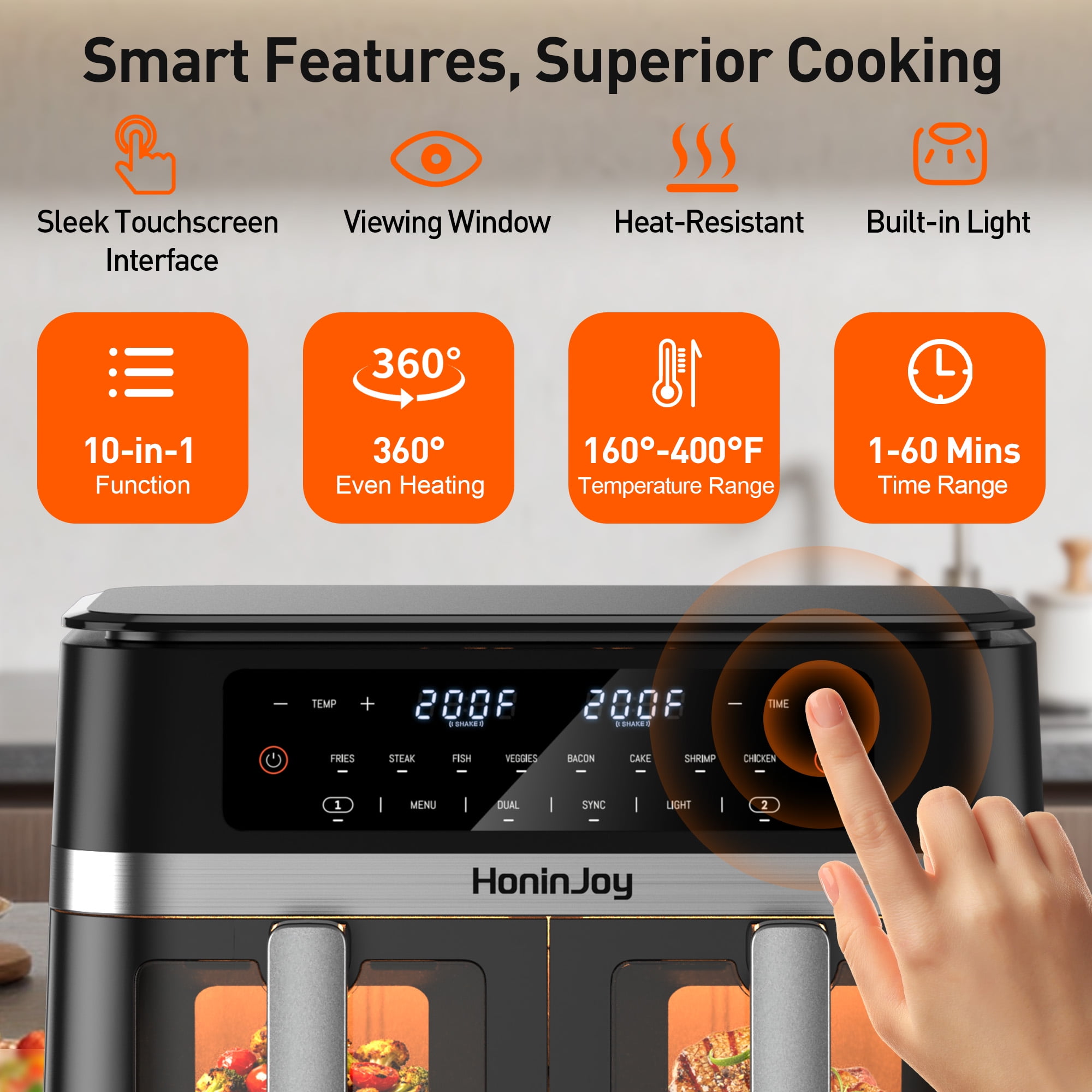 HoninJoy 12 QT Large Dual Basket Air Fryer, With Visible Cooking Window( 50PCS Air Fryer Liners Included)-New