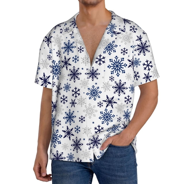 Xecao blue Snowflake Prints Pattern Men's Short-Sleeve Cuban Collar Button-Down Shirt with Chest Pocket Lightweight Tropical Vacation Shirt-Small