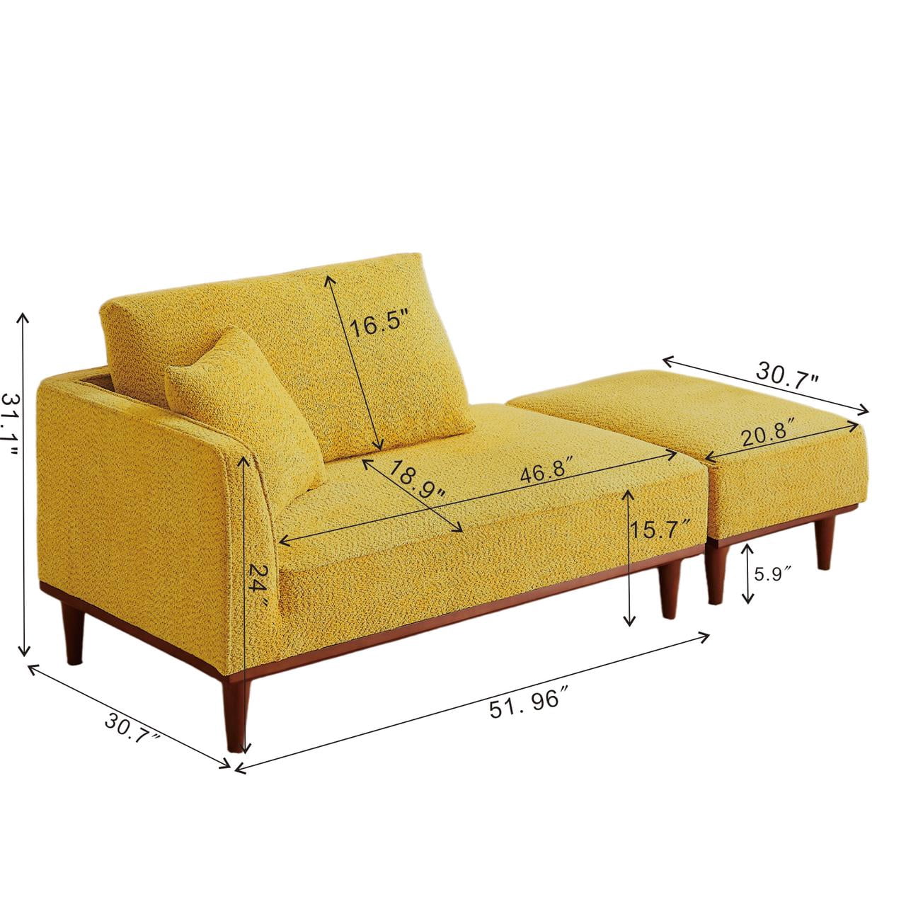 Upholstered Chaise Lounge and Stool, Convertible Chaise Lounge Chair with Detachable Ottoman for Living Room Bedroom Small Space, Easy Assembly, Yellow