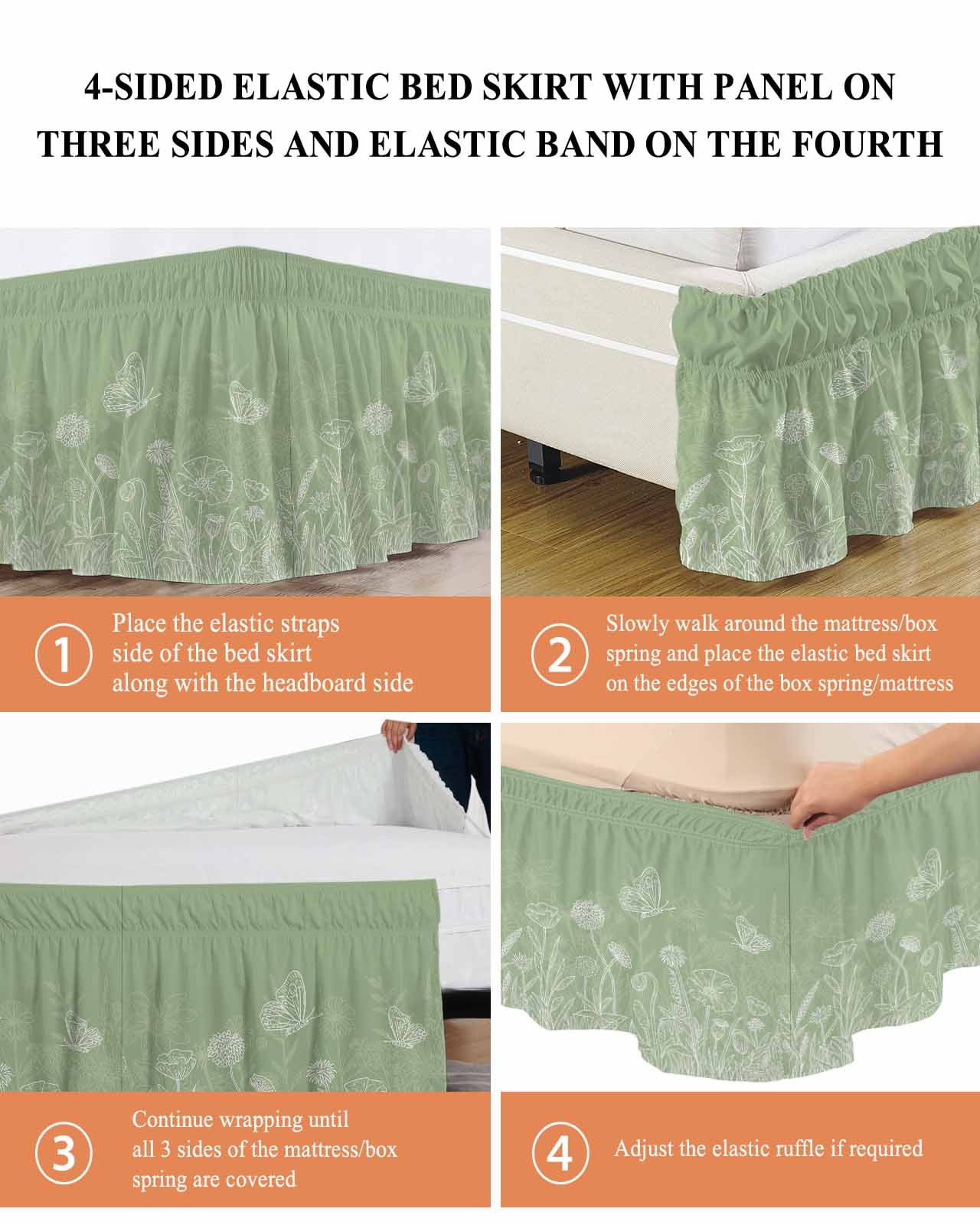 Spring Flower Butterfly Bed Skirt Queen Size 16 Inch Drop, Plant Floral Lines Countryside Green Adjustable Elastic Dust Ruffles Bedskirt for Queen Bed Wrap Around Pleated Mattress Frame Cover