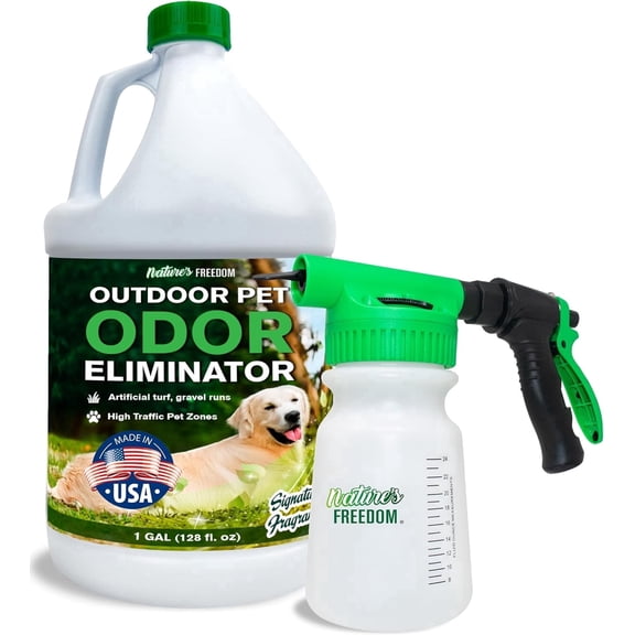 Nature's Freedom Hose-End Outdoor Pet Odor Eliminator – Gallon Enzyme Cleaner with Spray Gun