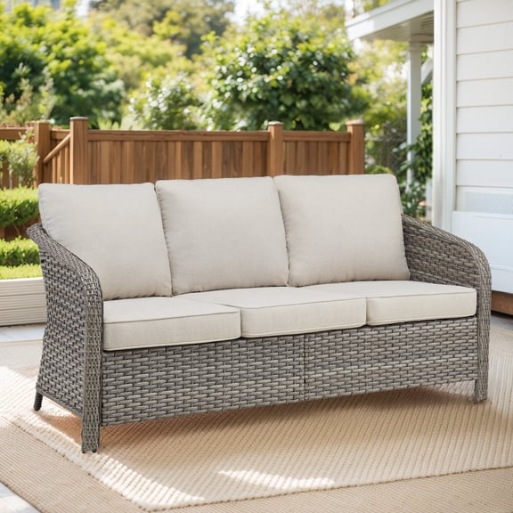 Wicker Outdoor Furniture Set with Cushions, 73.6 PE Rattan 3 Seat Sofa in Beige, Modern Curved Armrest, Outdoor Patio Seating with Deep Seat Cushions