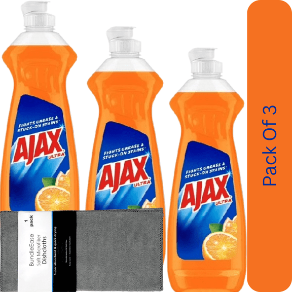 Ajax Triple Action Dishwashing Liquid, Ultra Formula, Orange Scent, 12.4 fl oz with Microfiber Solid Color Dishcloth by BundleEase