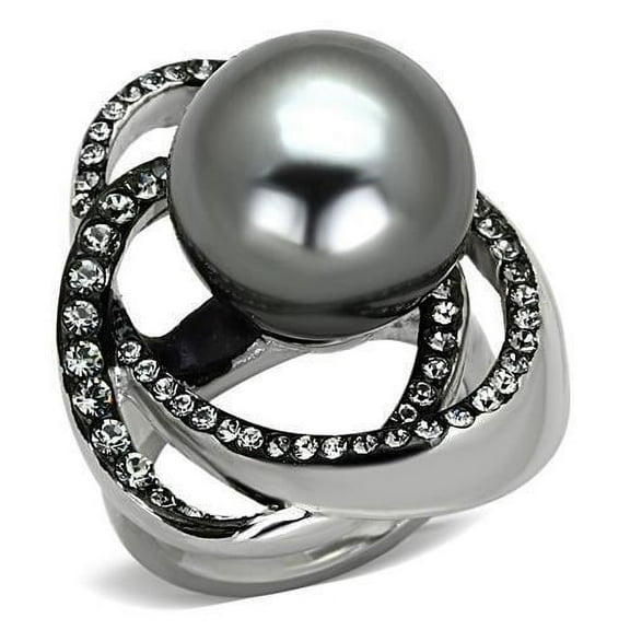 High polished (no plating) Stainless Steel Ring with Synthetic Pearl in Gray for Women Gray Stone Color Style TK1371 Size 10