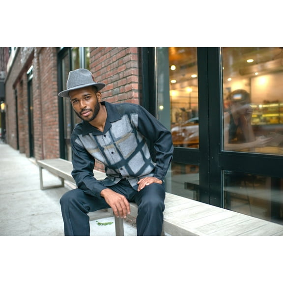 Montique Black 2 Piece Walking Suit Print Long Sleeve Shirt Men's Leisure Suit 1810