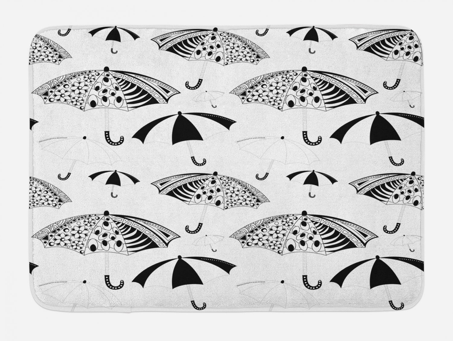 Black and White Bath Mat, Ornate Umbrella Icons with Minimalist Stripes and Floral Features