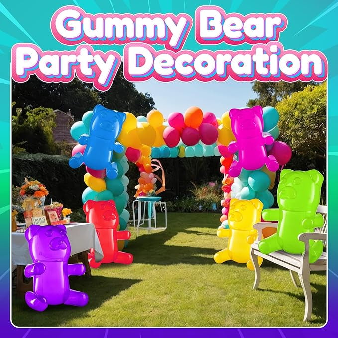 Rykon Inflatable Gummy Bears, Pack of 6, 24-Inch Big Blow Up Pool Toys, Candy Land Theme Decorations, Birthday Party Supplies & Photo Booth Props