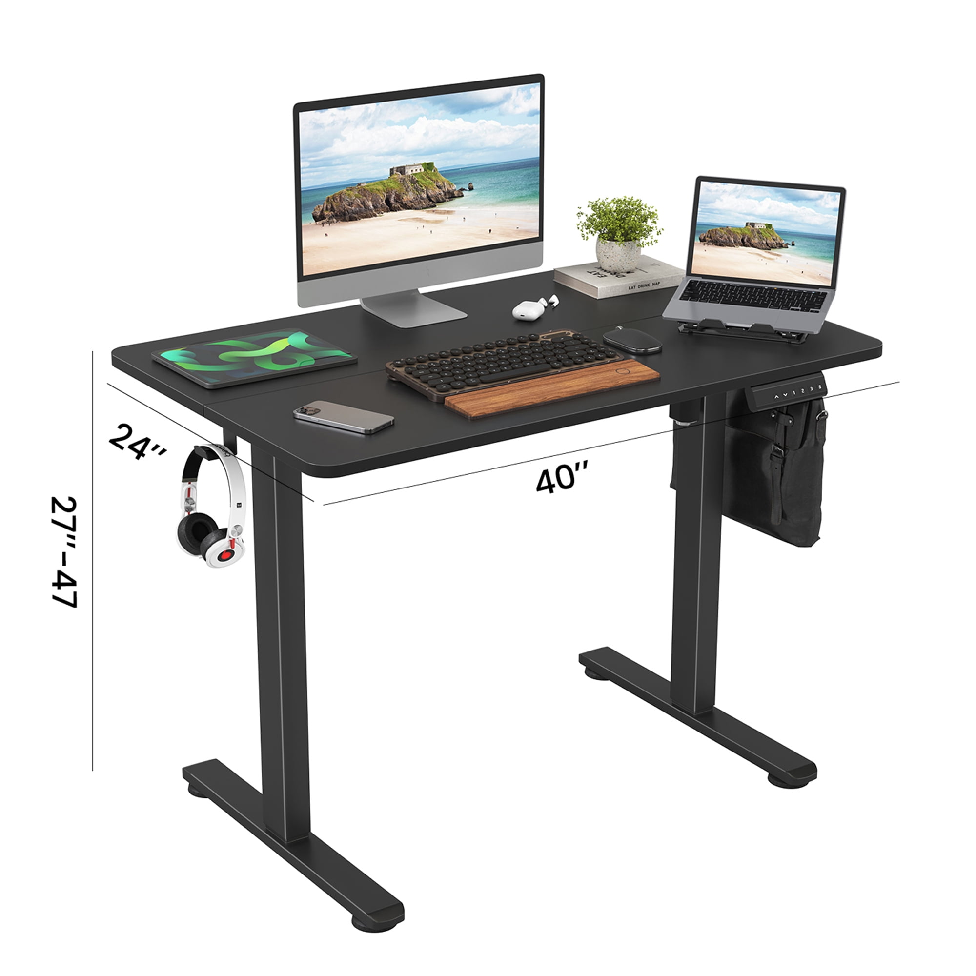MAYEERTY 40×24" Electric Height-Adjustable Desk, Sit Stand Desk with Side Hooks for Home & Office, Black
