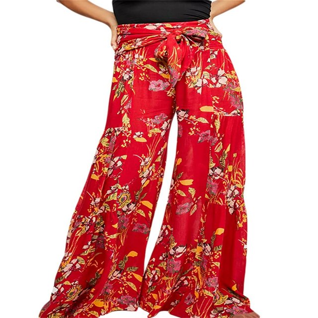 Boho Pantalons de Plage pour Femmes Taille Haute Décontractée Ample Jambe Large Droite Imprimée