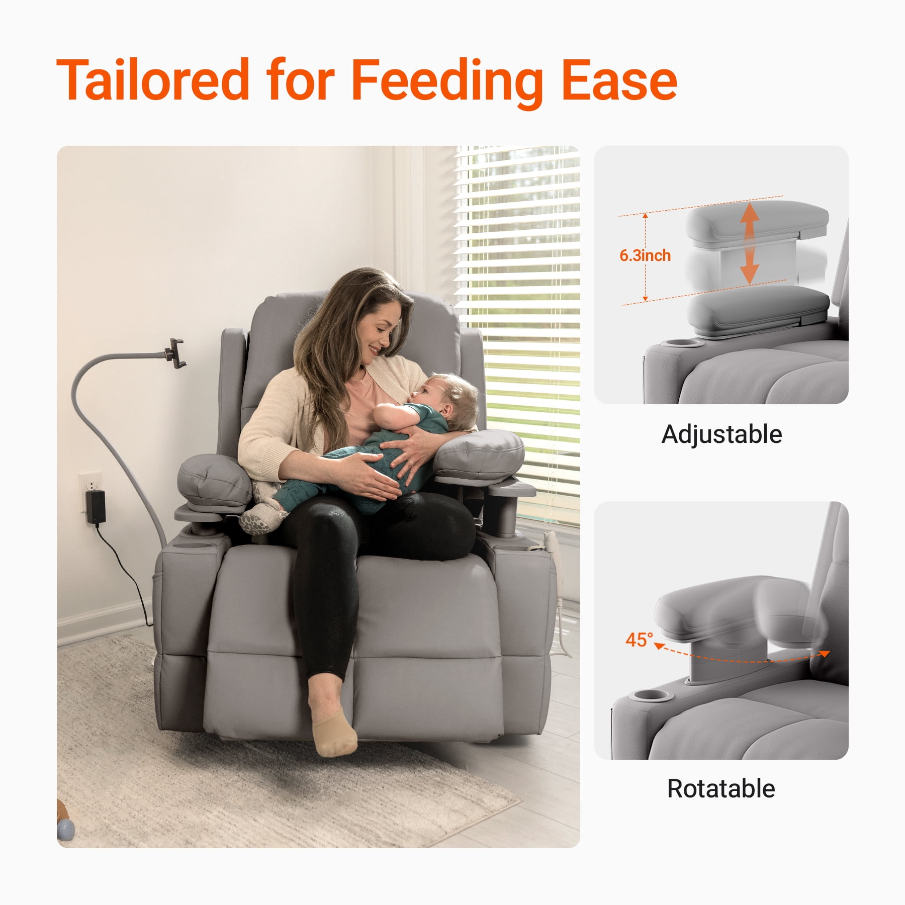 MAMAZING Nursery Rocking Chair Swivel Glider Oversized Recliner with Pockets Electric Power Baby Nursing Chair Gray