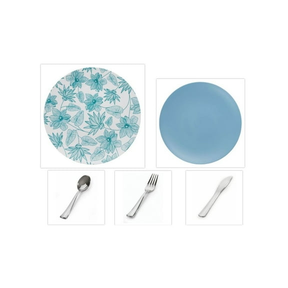 Bella Design Collection White w/ Blue Floral 10.25" Dinner Plastic Plates   Blue 8" Salad Plastic Plates   Silver Cutlery *Party of 60*