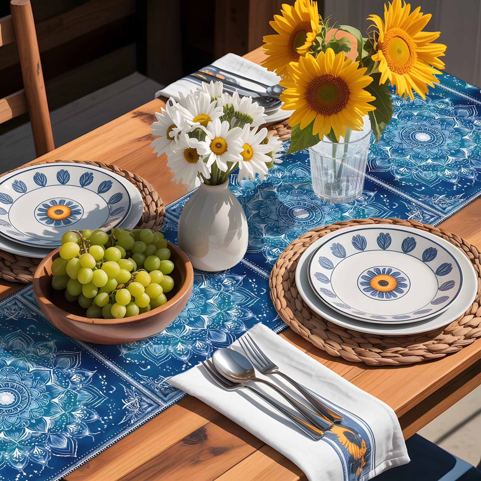 Retro Ethnic Tribal Flower Pattern Table Runner 90 Inches Long, Blue Background Table Runners Tabletop Scarf Kitchen Dining Tables Decoration for Home Party Indoor Outdoor