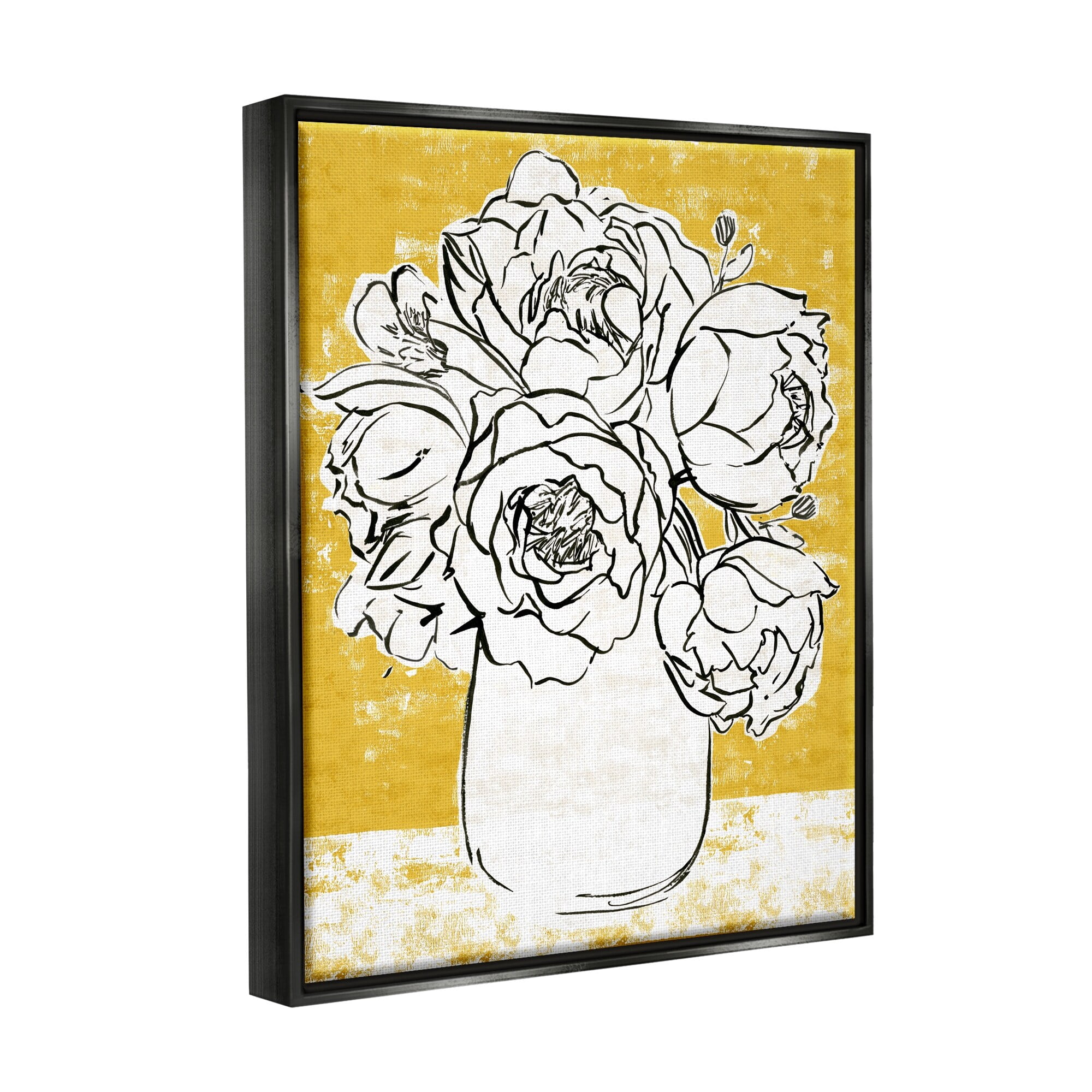 Stupell Industries Peony Sketch Bouquet Contrasted Distressed Yellow Jet Black Framed Floating Canvas Wall Art, 24x30, by Annie Warren