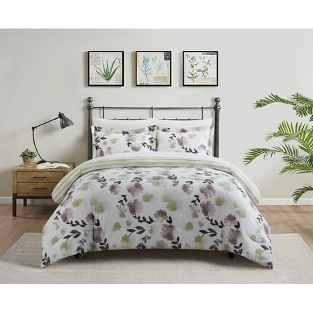 Chic Home Everly Green 2 Piece Duvet Cover Set Reversible Watercolor Floral Print Striped Pattern Design Bedding with Zipper Closure - Pillow Sham Included  Twin  Multi-color