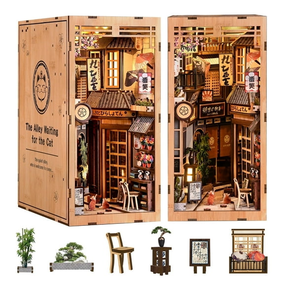 Strucwood DIY Book Nook Kit Japan Cat Alley Wooden Puzzles with LED Dust Cover,3D Crafts Hobbies Gifts for Adults(BV02-019)