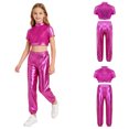 thumbnail image 3 of Aislor Girls Jazz Dance Outfit Mock Neck Short Sleeve Sequins Metallic Back Invisible Zipper Crop Top with Pants Hot Pink 12, 3 of 7