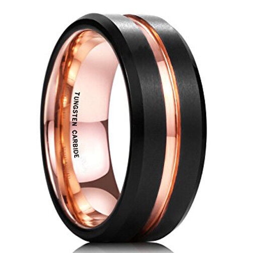 Wedding Rings Men or Women 8mm Black & Rose Gold Line Tungsten Wedding Band