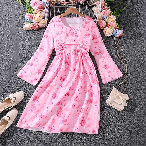 Kid Girls Autumn Rose Floral Printing Long Sleeve Bow Tie Dress Dress Children'S Clothing Girls Dresses Size 14-16 Casual Little Girls Dresses Size 5-6 for Wedding Christmas Girls Dresses Size 6-7