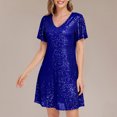 thumbnail image 3 of Puntoco Vestido Corto De Fiesta Con Cremallera En La Espalda, Sexy, Brillante, totalmente forrado, Con Cuello En V, Línea A, Falda Corta De Calidad Elegante, Vestido De Manga Corta, Azul L, 3 of 3