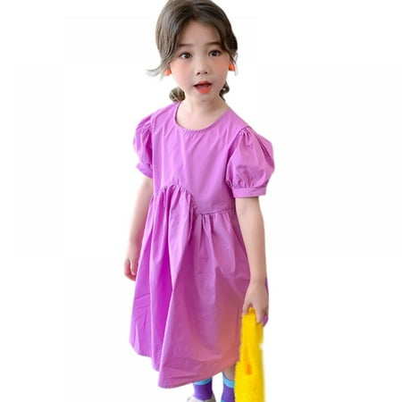 

Altsales Summer Baby Girls Dress Sweet Temperament Bubble Sleeve Solid Color Dresses Kids Sundress
