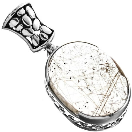 Green Rutilated Quartz Necklace - Large Rutilated Quartz 925 Sterling Silver Pendant, 1 5/8