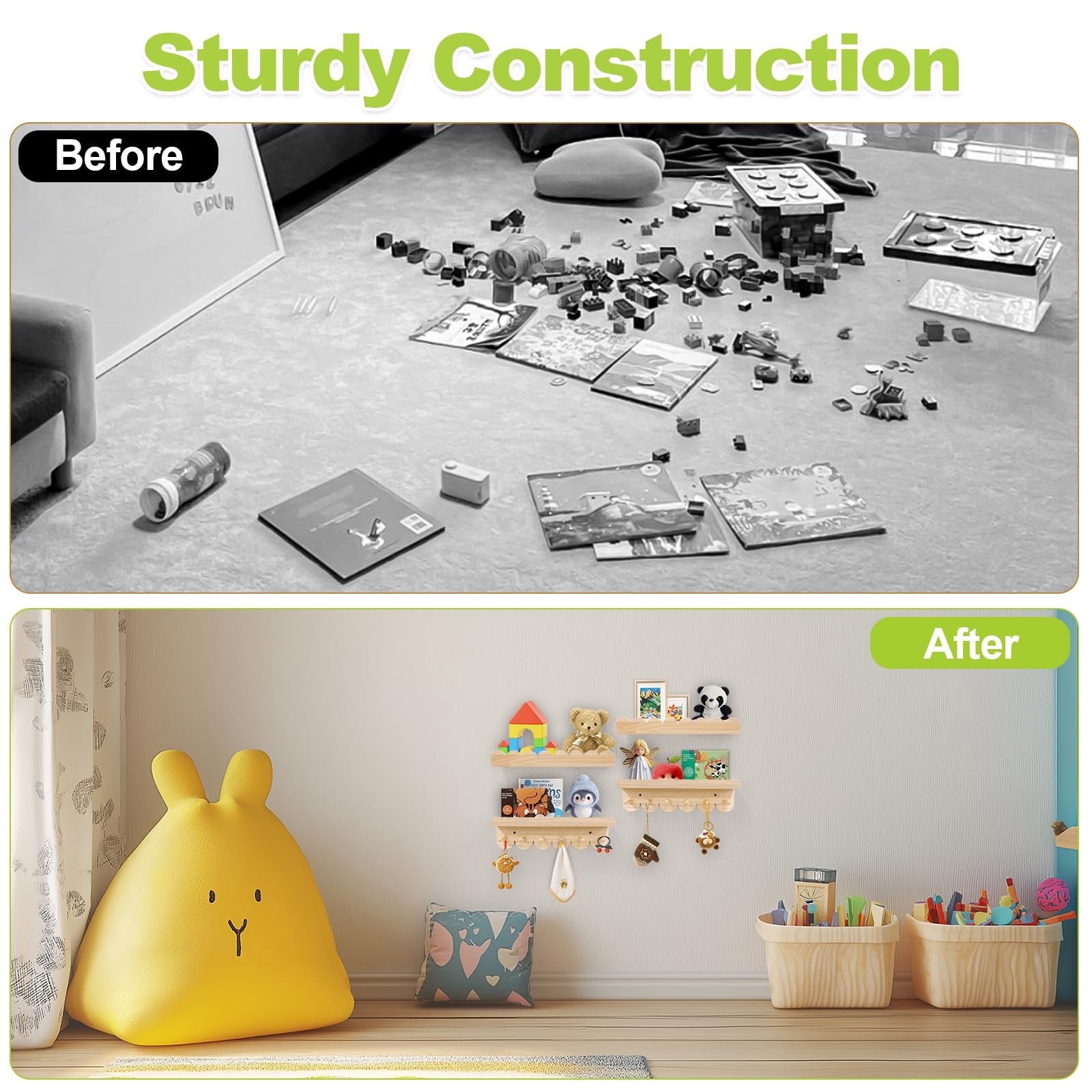 MIOCLYD Floating Book Shelves for Wall – 16'' Wooden Wall Shelf for Baby Boys & Girls Room, Books, Toys, Plants & Décor Storage (4-Pack)
