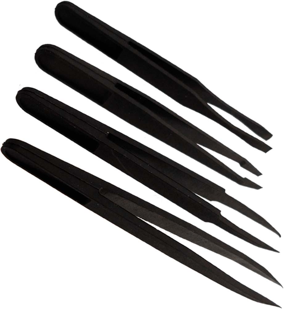 Set Of 4 Black Nylon Tweezers With Different Shaped Tips (ToolUSA S1