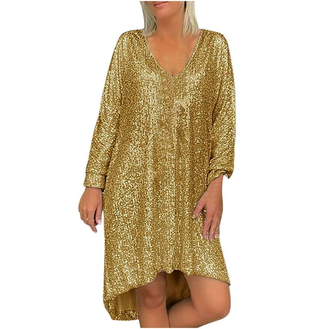 LSLJS Robe Longue à Manches Longues et Col en V à Sequins pour Femmes Grande Taille