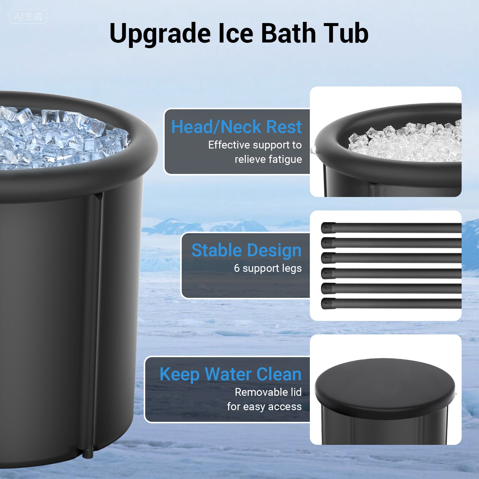 Ecojoy Ice Bath Tub for Cold Plunge, Portable Ice Pod with Lid & Cover, 100Gal Inflatable Ice Plunge Tub with 2 Drain Valves for Chiller Connection, Cold Therapy Recovery, Indoor Outdoor Use