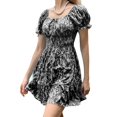 thumbnail image 2 of Summer Women Ruffle Sleeve Sqaure Neck Smocked Sun Dress Casual Boho Beach Floral Mini Dress, 2 of 5
