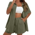 thumbnail image 2 of ZJXFGS Linen Short Sets for Women Beach Vacation Outfits Lounge Tracksuits Fashion Cardigan Short Sleeve Shorts 2 Piece Set Woman Mint Green M, 2 of 6