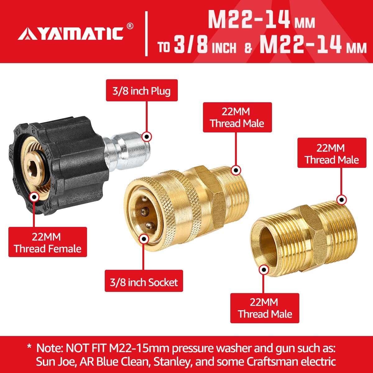 YAMATIC Pressure Washer Quick Connectors, M22 to 3/8" Quick Connector 2 Sets & (2) M22-14mm Male Extension Adapter, Quick-Connect for a Pressure Washer, Hose, and Gun