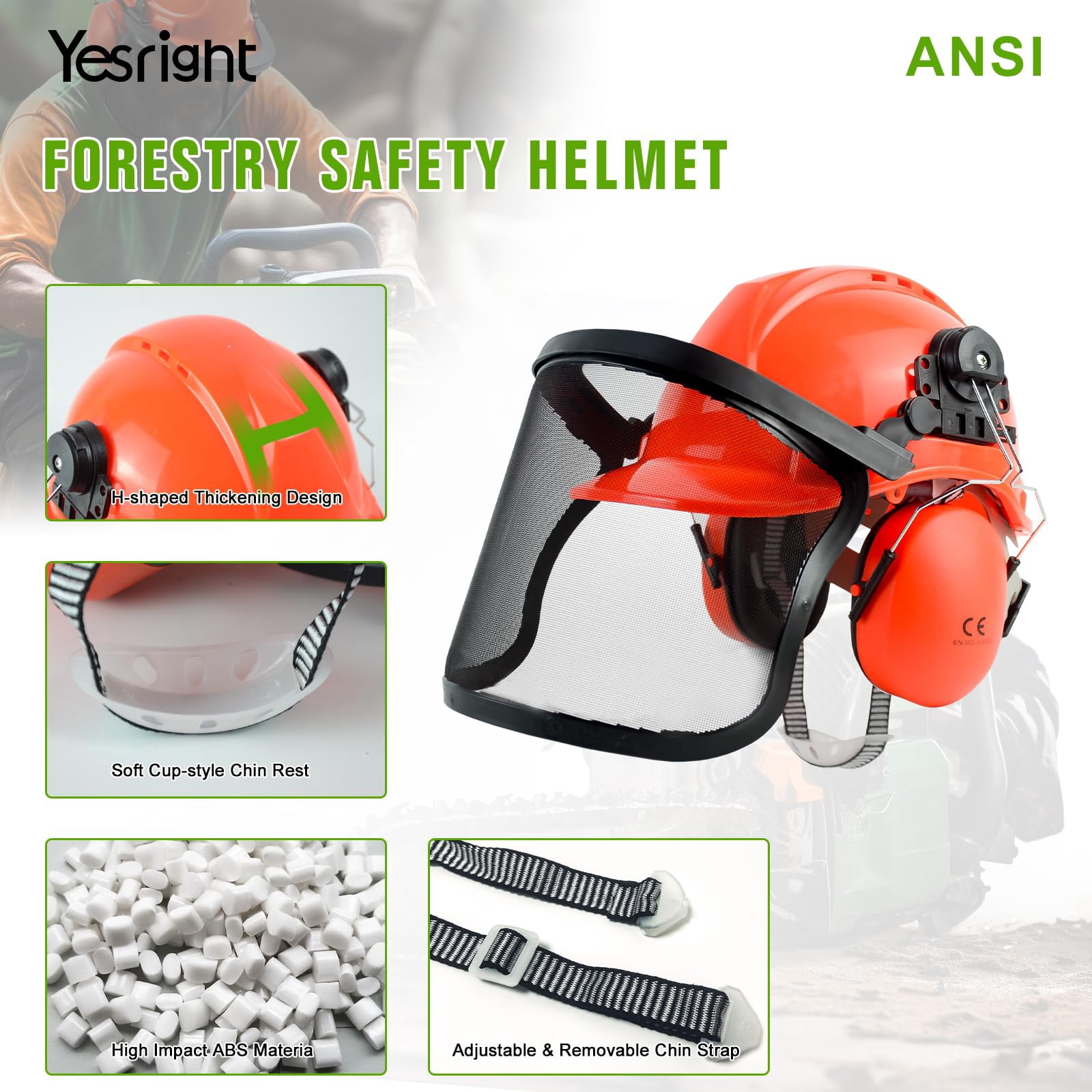 Chainsaw Helmet with Face and Ear Muffs, Forestry Safety Helmet, Safety Protective Helmet Arborist Helmet for Mowing Trimming Yard Work Landscaping Construction and Weed Whacking