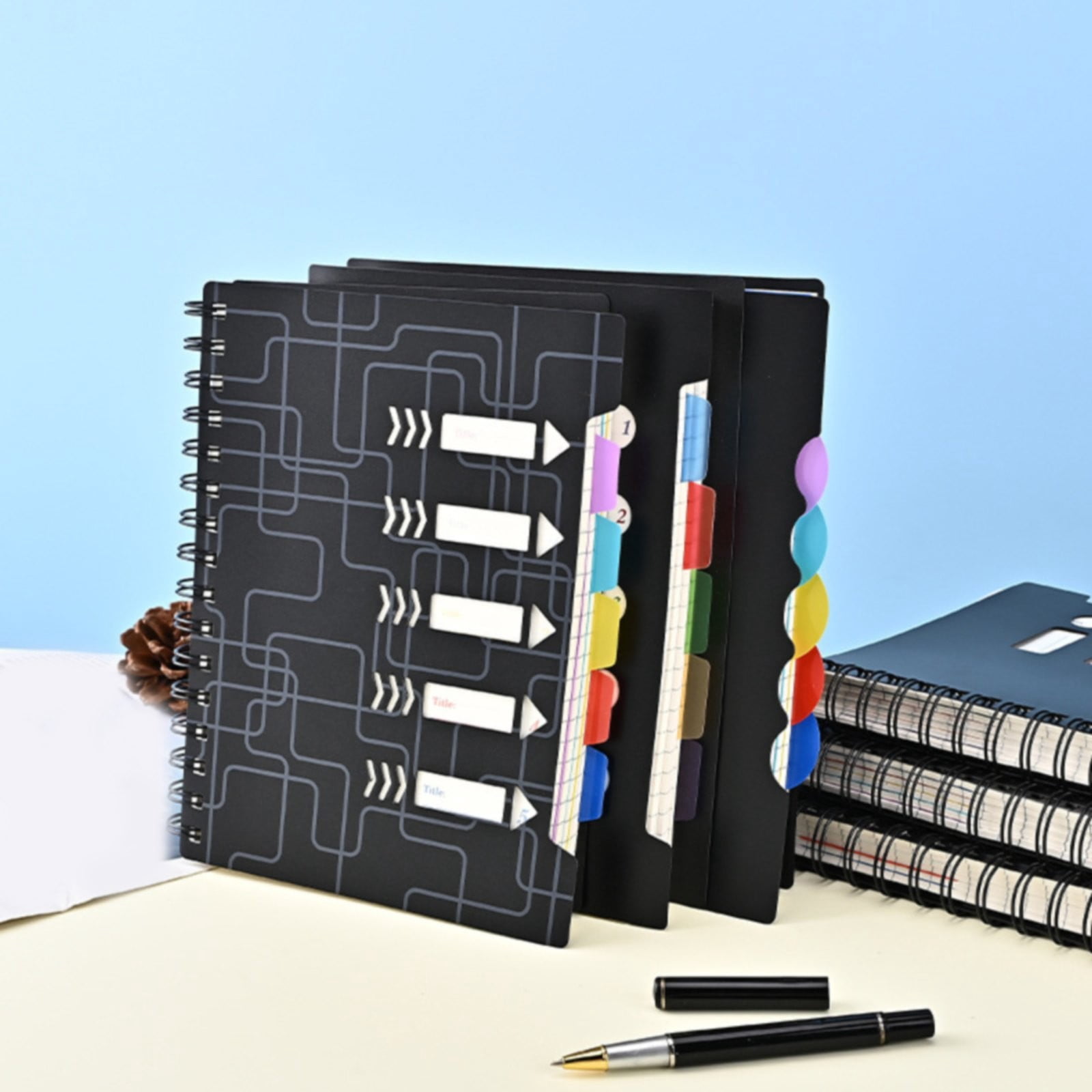 VKLU Wirebound Tabbed Notebook A5, 5 Section College Ruled Journal with Dividers, Modern Mechanical Hardcover Planner for Business & Engineering, 300 Pages, Grid Black