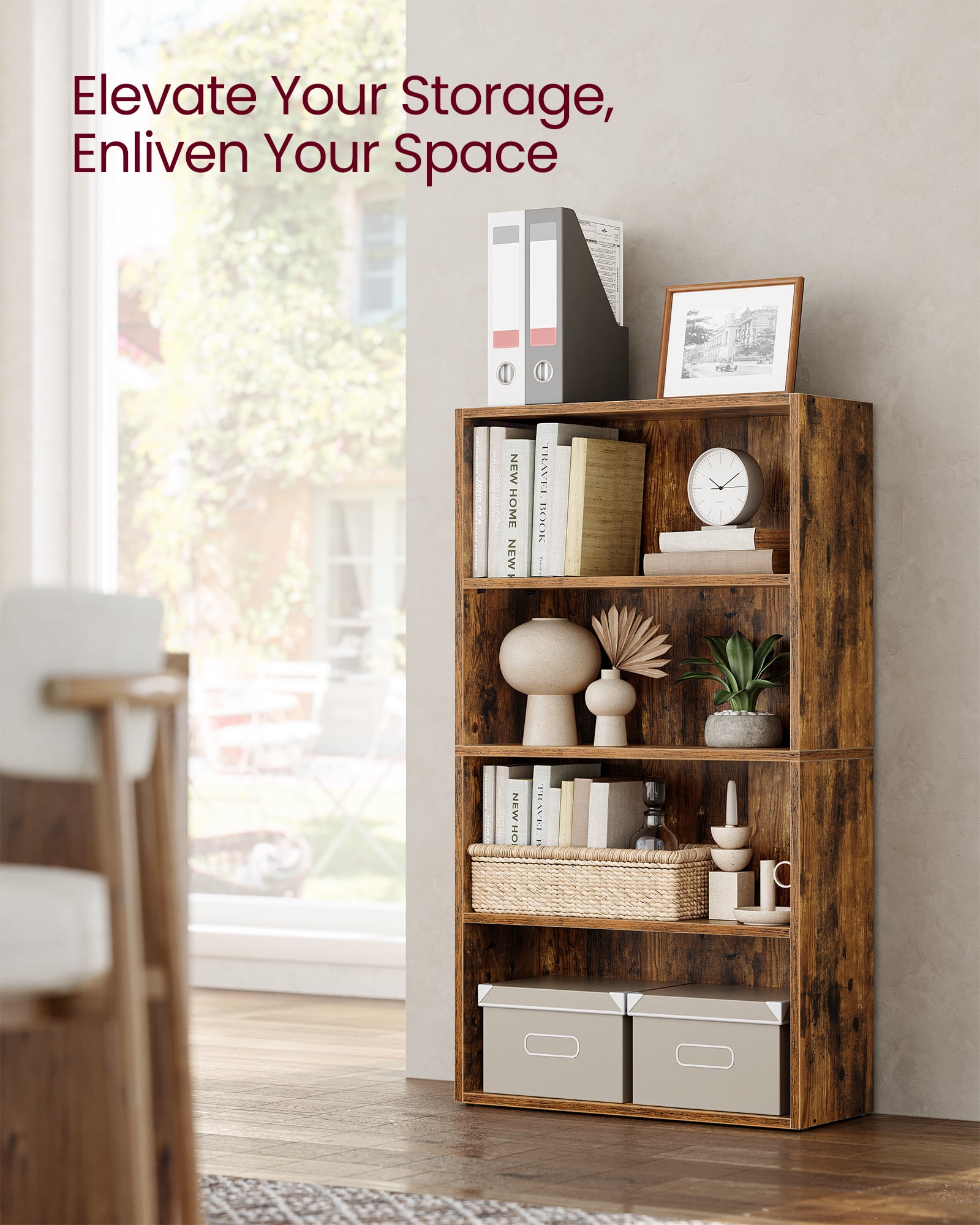 Cube Storage Organizer 4-Tier Bookshelf Bookcase with Adjustable Storage Shelves Rustic Brown
