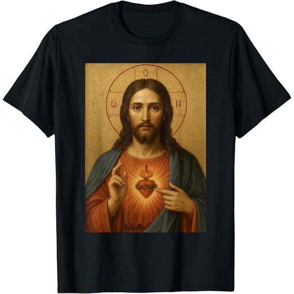 Men's Tee Icon of Jesus Christ - Catholic Sacred Heart of Jesus T-Shirt, Comfortable Breathable Soft Tee, Men's 100% Cotton Graphic T-Shirt 180gsm