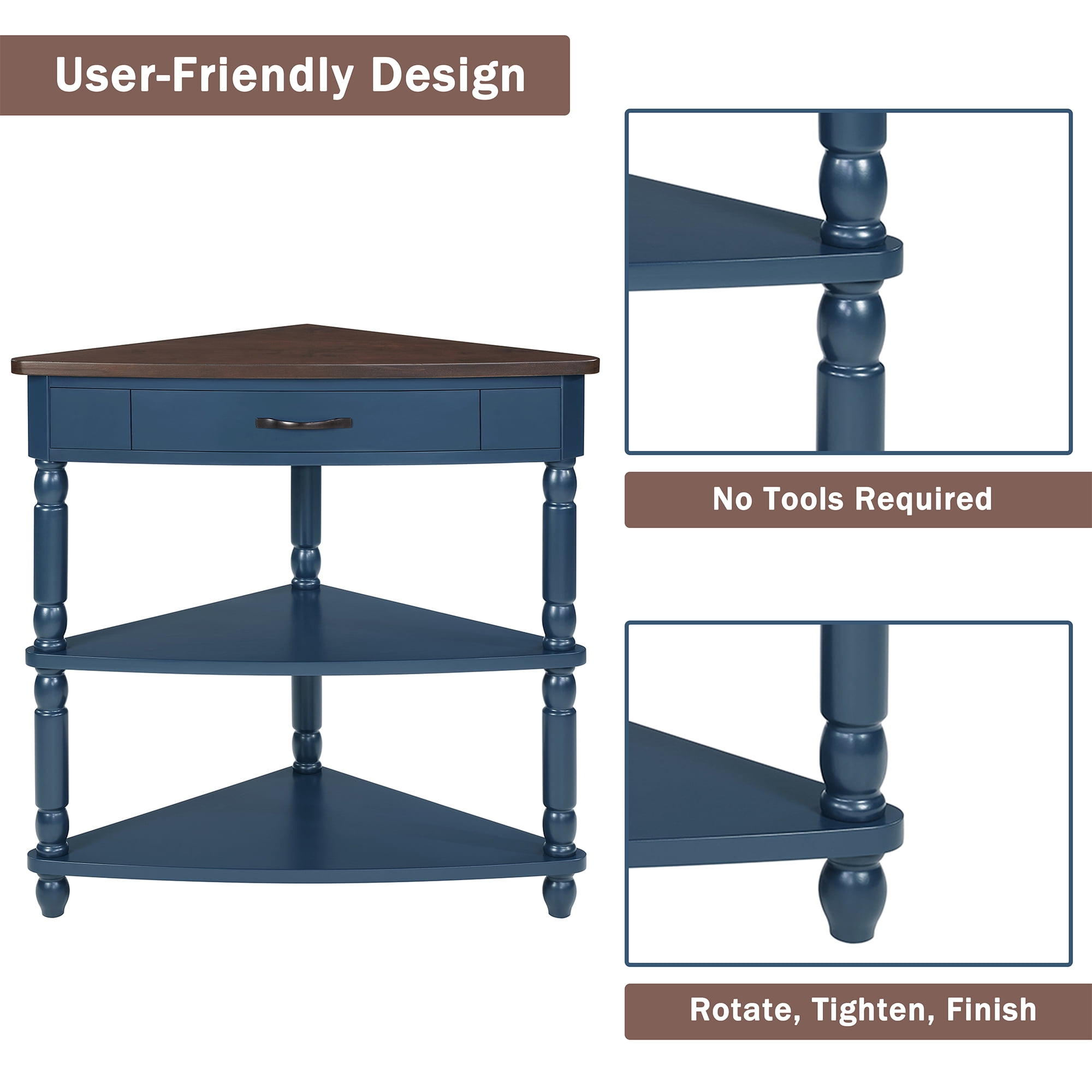 3-Tier Corner Stand, 34"Wood Corner Table with Open Shelves and Drawer, Space Saving Storage Organizer, Display Shelf for Living Room,Kitchen,Bathroom