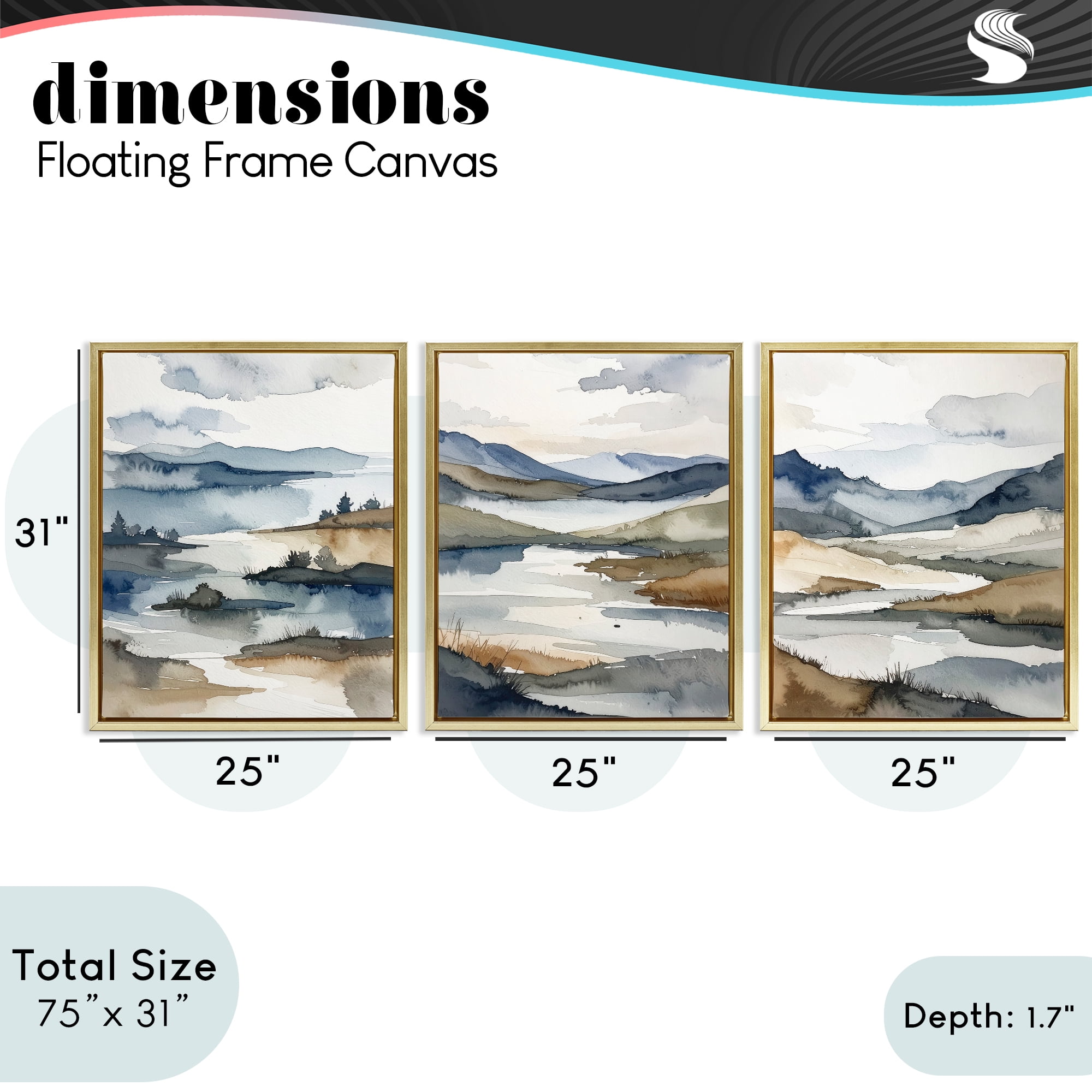 Stupell Industries Continuous Flow Of Water 3 Piece Gold Framed Floater Canvas Set, design by Alonza Saunders