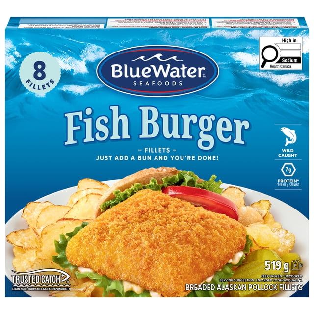 BlueWater Seafoods Breaded Fish Sandwich, Wild Caught Alaskan Pollock, 519 g