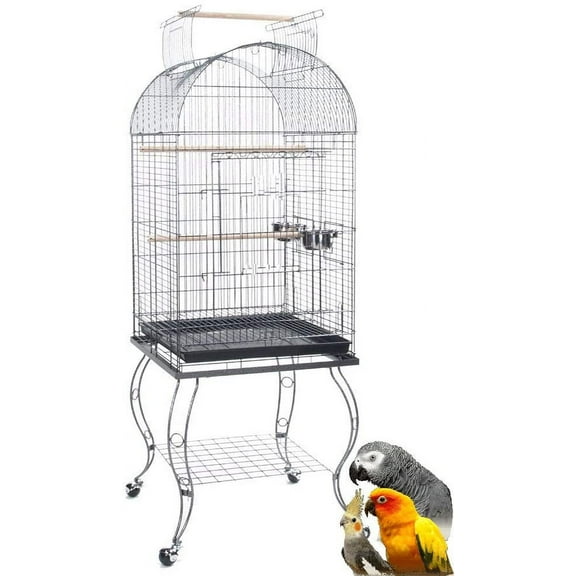 64" Large Rolling Dome Bird Parrot Cage Open Top Perch Quaker With Detachable Stand