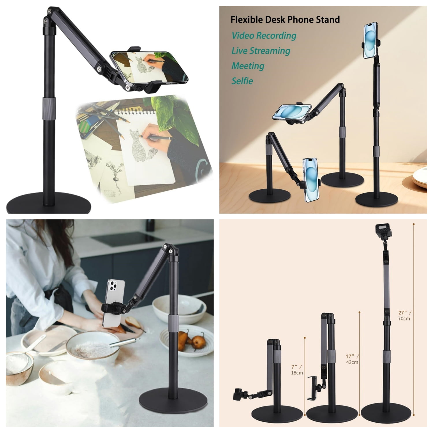 Heavy Duty Overhead Phone Stand for Desk Video Recording for Holder, with Extension Arm, 360° Swivel, for Filming, Meeting, Cooking, Painting and Crafting