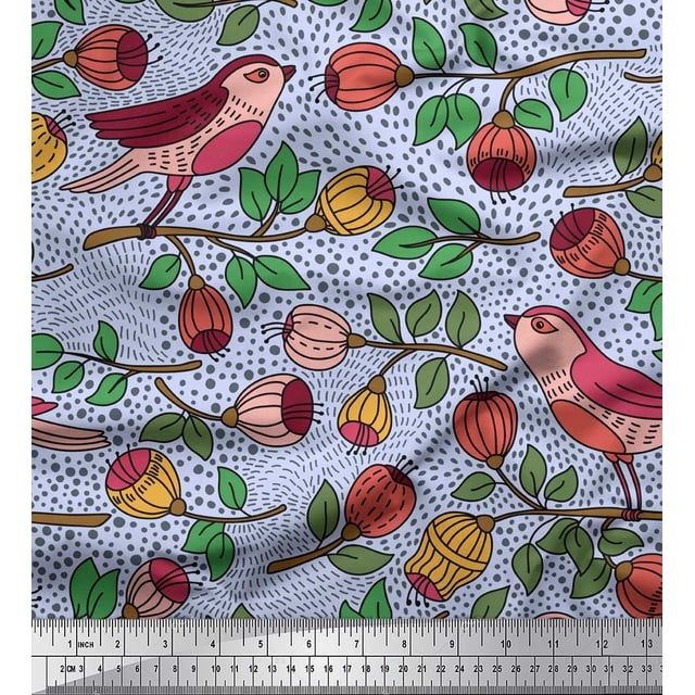 Soimoi Blue Silk Fabric Artistic Bird & Floral Print Sewing Fabric Yard 42 Inch Wide