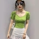 thumbnail image 3 of Camisa de mujer Blusa corta con cuello en V y manga corta con cuello en V Blusa informal, Verde, L kenally  AP001254-08B, 3 of 7